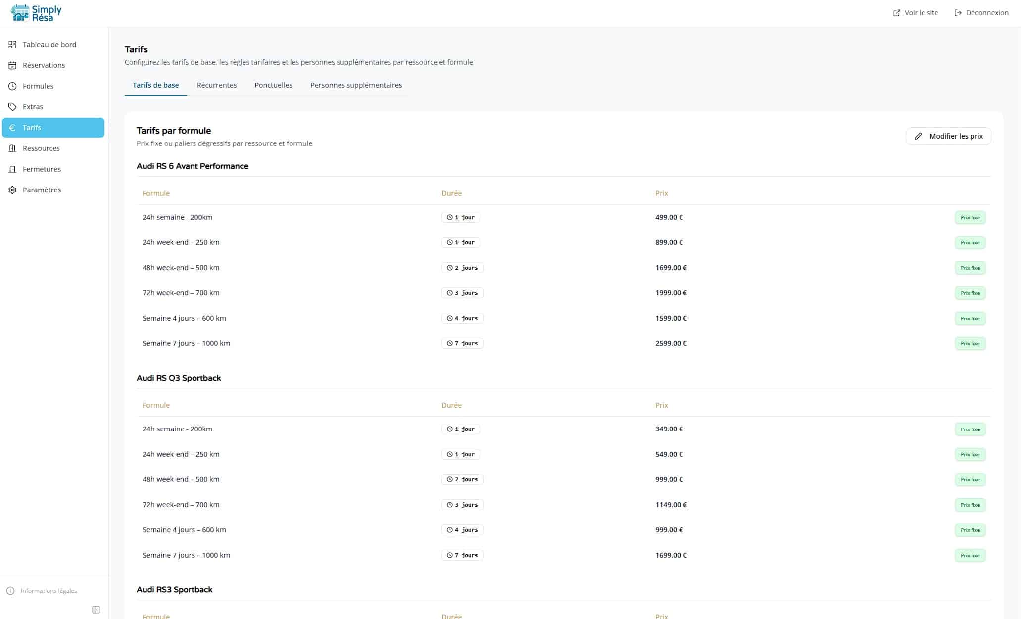 Tarification des vehicules avec le logiciel de reservations Simply Resa